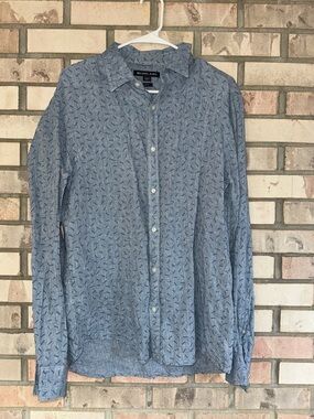 LARGE Michael Kors Light Blue Printed Long-Sleeve Button-Down Shirt